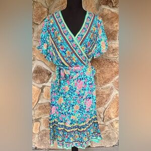 Zesica Wrap Dress Sz XL Boho Turquoise Pink Floral Ruffle Bottom Side Tie